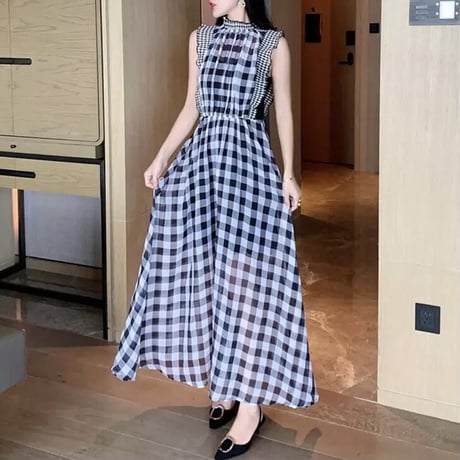 チェックロングワンピース