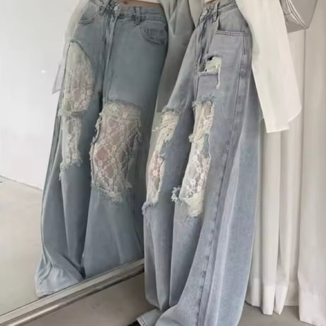 ダメージレースレトロデニムパンツ