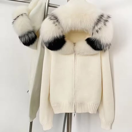 ストライプフォックスファーフードジャケット 3色展開