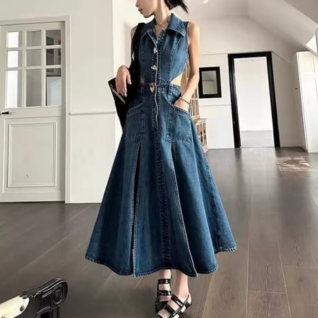 ニュアンスボタン スリットデニムワンピース