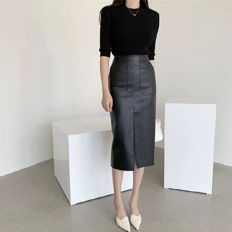 フロントスリット ハイウエストレザースカート 2色展開