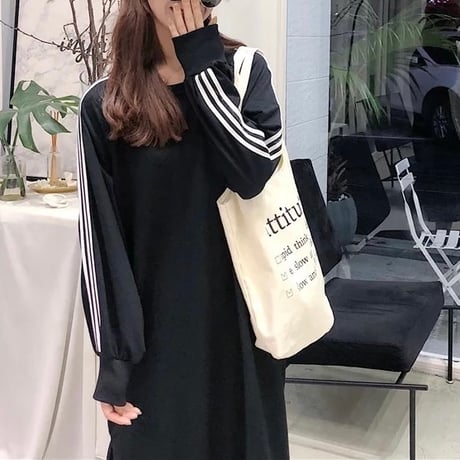 ラインスリーブ サイドスリットルーズワンピース 3色展開