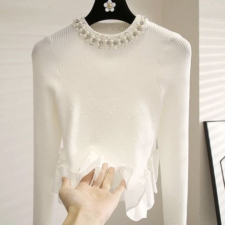 ビジューパールネック フリルニット 3色展開