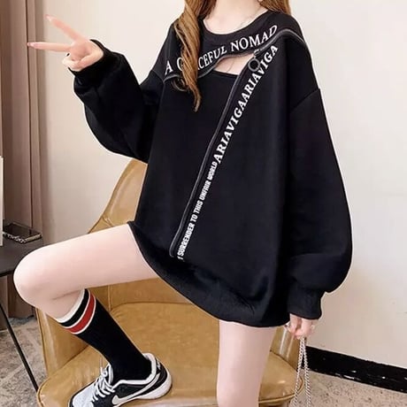 メッセージジッパー ルーズスウェットトップス 3色展開