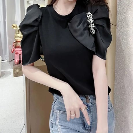 パールビジューサテンスリーブ トップス 3色展開