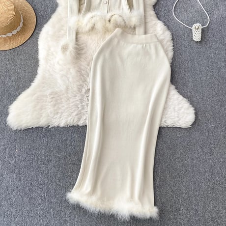 ヘムファーカーディガン スカートセット 4色展開