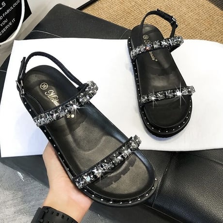 ビジューストラップ フラットサンダル 2色展開