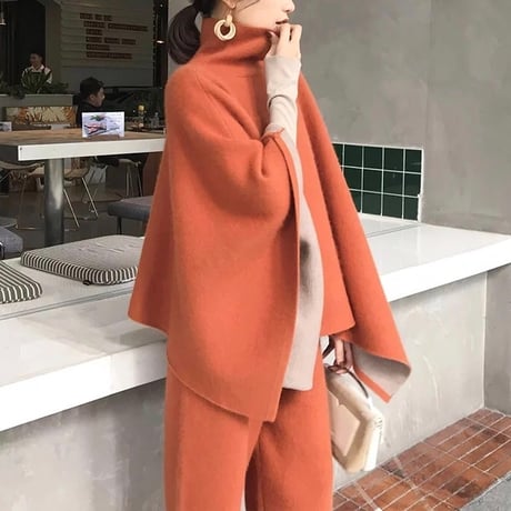 バイカラーハイネックポンチョ パンツセットアップ 3色展開