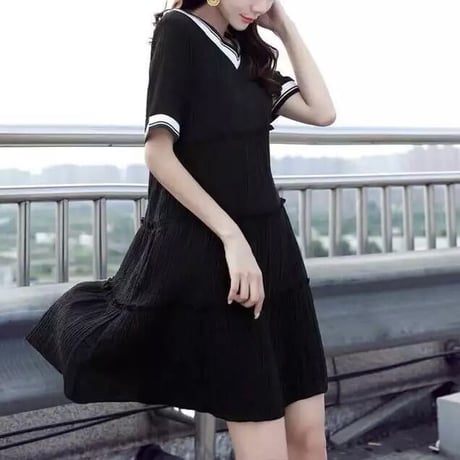 【White Mサイズ即納】ラインシフォン カジュアルワンピース 2色展開