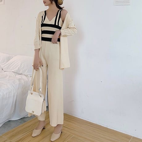ストライプタンクトップ パンツ カーディガンセット 2色展開