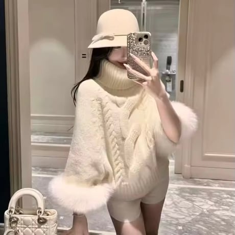 ハイネックケーブルファーポンチョ 3色展開