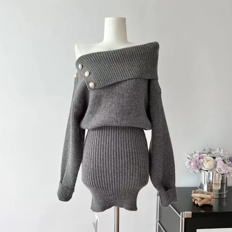 ゴールドボタン オフショルワンピース 2色展開