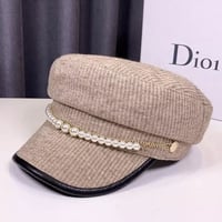 【White即納】リブデザイン パールチェーンキャスケット 4色展開