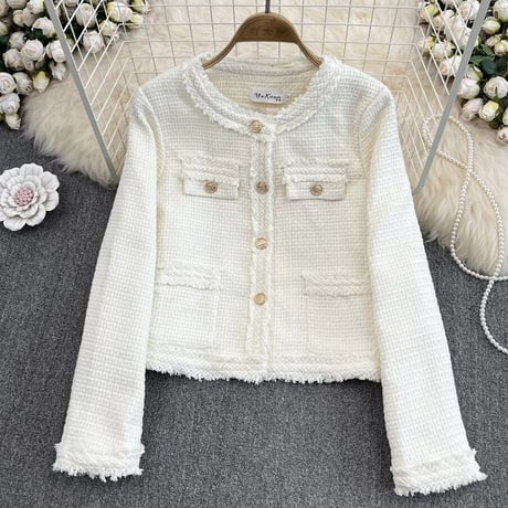 【White Lサイズ即納】カラーフリンジ ツイードジャケット 4色展開