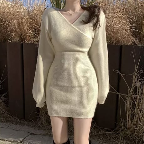 バストクロス リブスカートワンピース 4色展開