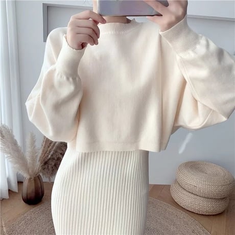 リブノースリーブワンピース ニットセット 3色展開