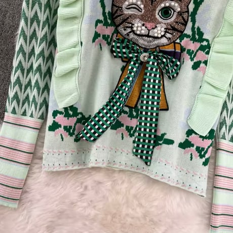 パールリボンキャットフリルニット 2色展開
