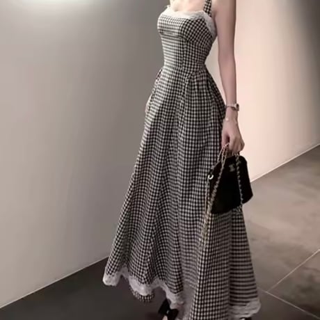 レースパッチワーク チェックロングワンピース