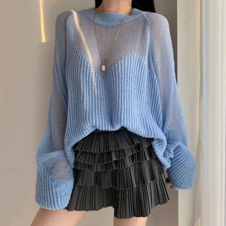 バルーンスリーブ シースルーニット 4色展開