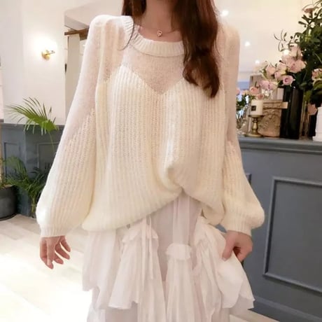 バルーンスリーブ シースルーニット 4色展開