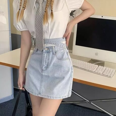 バックリボン ダブルウエストデニムスカート
