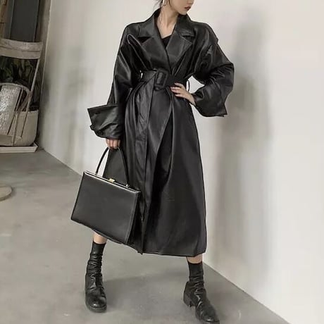 ロングスリーブ レザートレンチコート