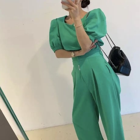 パフスリーブトップス ワイドタックパンツセット 3色展開