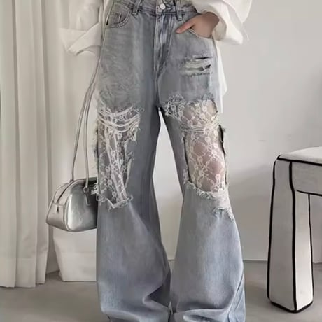 ダメージレースレトロデニムパンツ