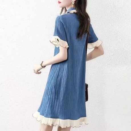 シフォンフリルヘム ブルーワンピース