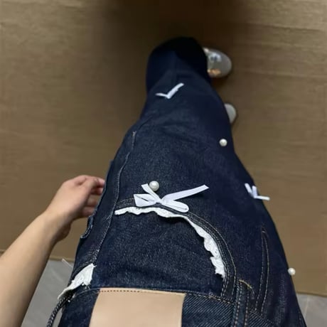 レースラインポイントリボンデニムパンツ
