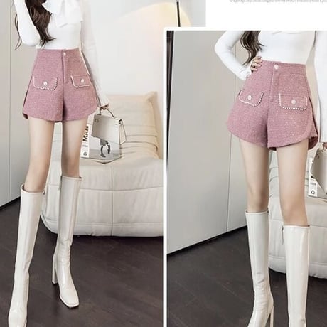 パールモチーフ サイドスリットツイードショートパンツ 3色展開