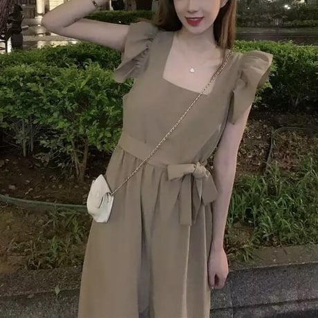 フレアスリーブ ウエストリボンオールインワン 2色展開