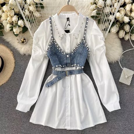 パールブラウス デニムビスチェセット 2色展開