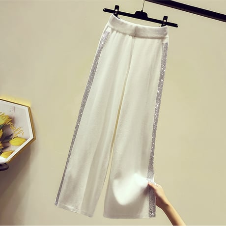 サイドラインストーン ニットパンツ 2色展開