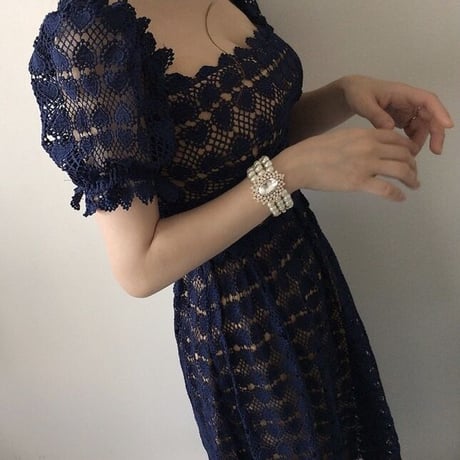パフスリーブ ハートレースワンピース