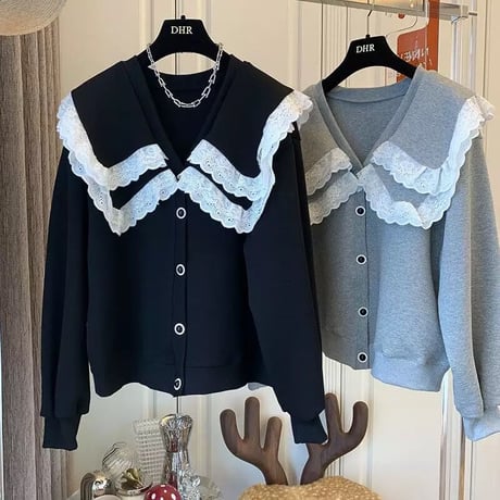 レースカラー ボタンスウェットトップス 2色展開