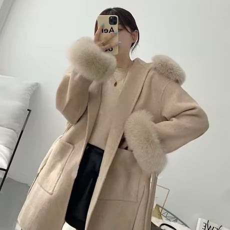 【yuno様着用】【袖ファー】フォックスファーウールコート 3色展開