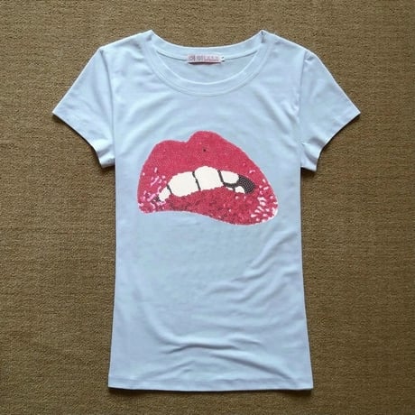 【WhiteMサイズ即納】スパンコール リップTシャツ 3色展開