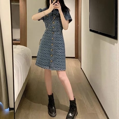 ゴールドボタン デニムデザインミニワンピース