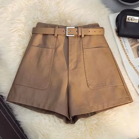 【Beigh Mサイズ即納】ウエストベルトレザーパンツ 3色展開