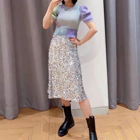 ブロックカラー ショートニットトップス 2色展開