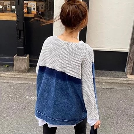 バックデニム切り替えデザインニット