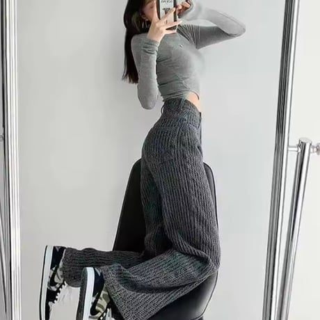 ワッフルハイウエストデニムパンツ 2色展開