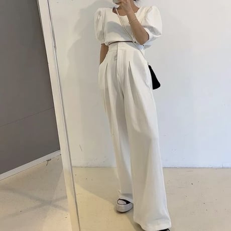 パフスリーブトップス ワイドタックパンツセット 3色展開