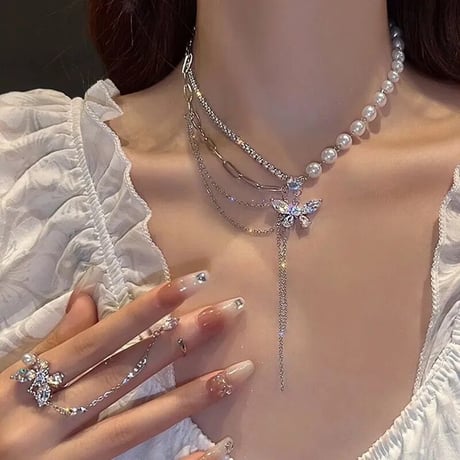 バタフライパールネックレス リングセット