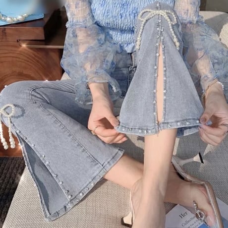 パールリボン スリットデニムパンツ
