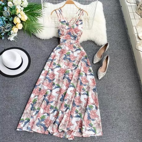 【Pink Sサイズ即納】バッククロス フラワーワンピース 4色展開