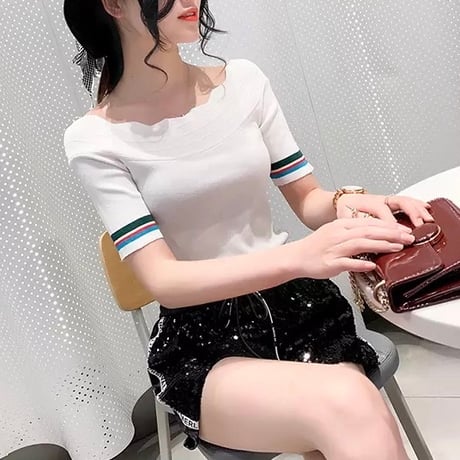 スカラップネック ライントップス 3色展開