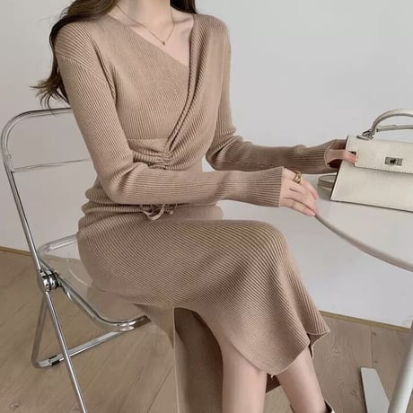 バストクロス ギャザースリットワンピース 2色展開