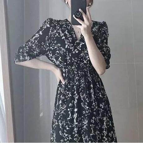 シックフラワー ギャザーシフォンワンピース 2色展開